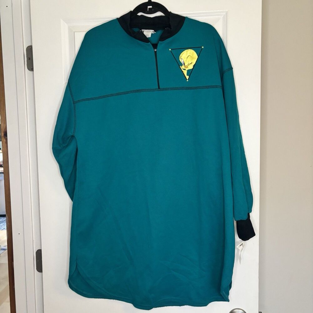 NWT Looney Tunes 1/4 Zip Sweatshirt Dress Teal Tweety Bird Size L 90s Vintage